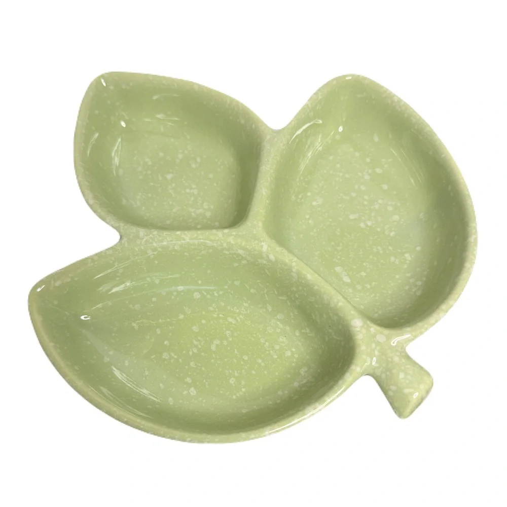 Hull Pottery #31 Vintage Green Yellow 3 Leaf Relish Dip Candy Tray Bowl Dish